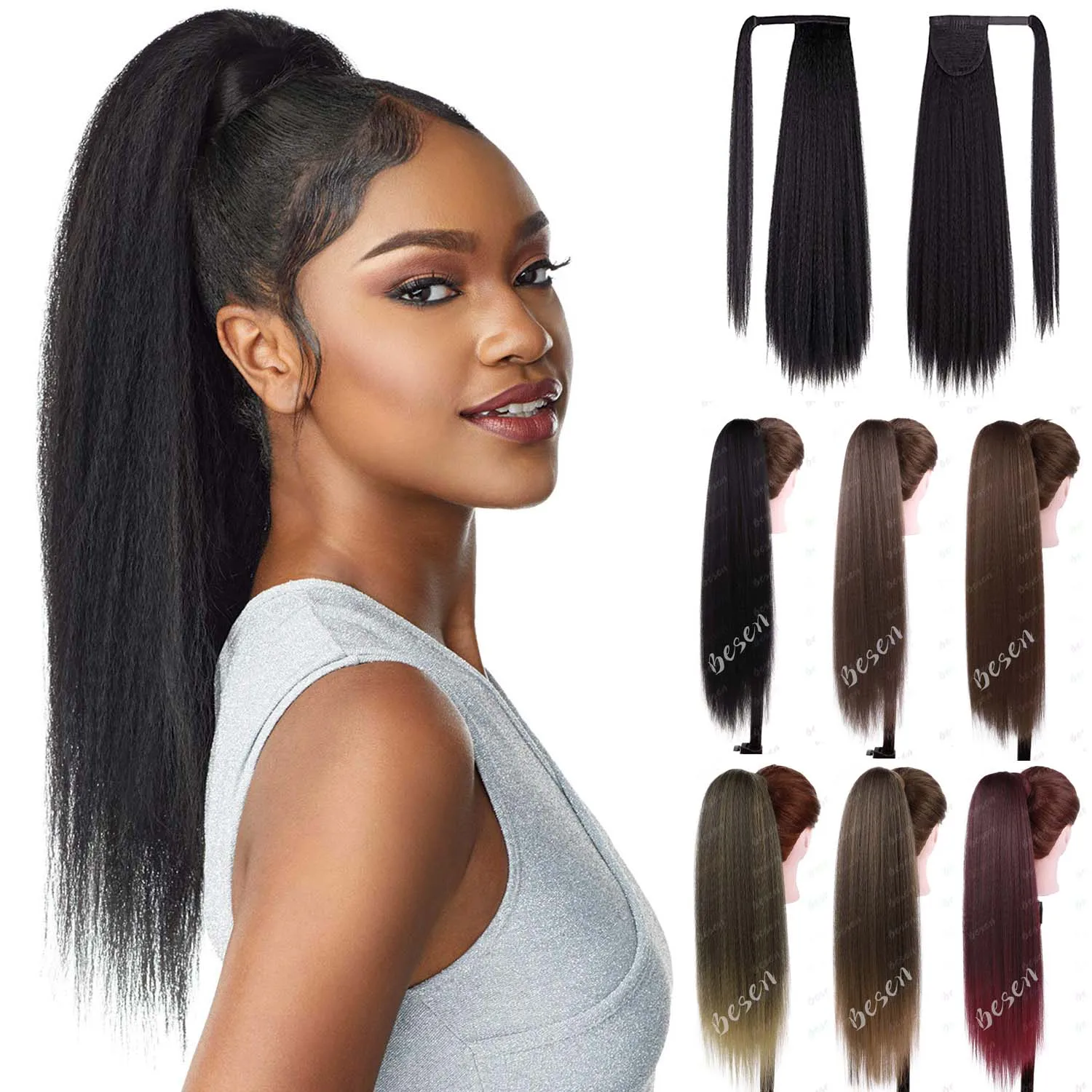 

Синтетический длинный курчавый прямой хвост для чернокожих женщин Yaki Wrap Arpund Hair 24-дюймовый зажим Magic Paste Pony Tail