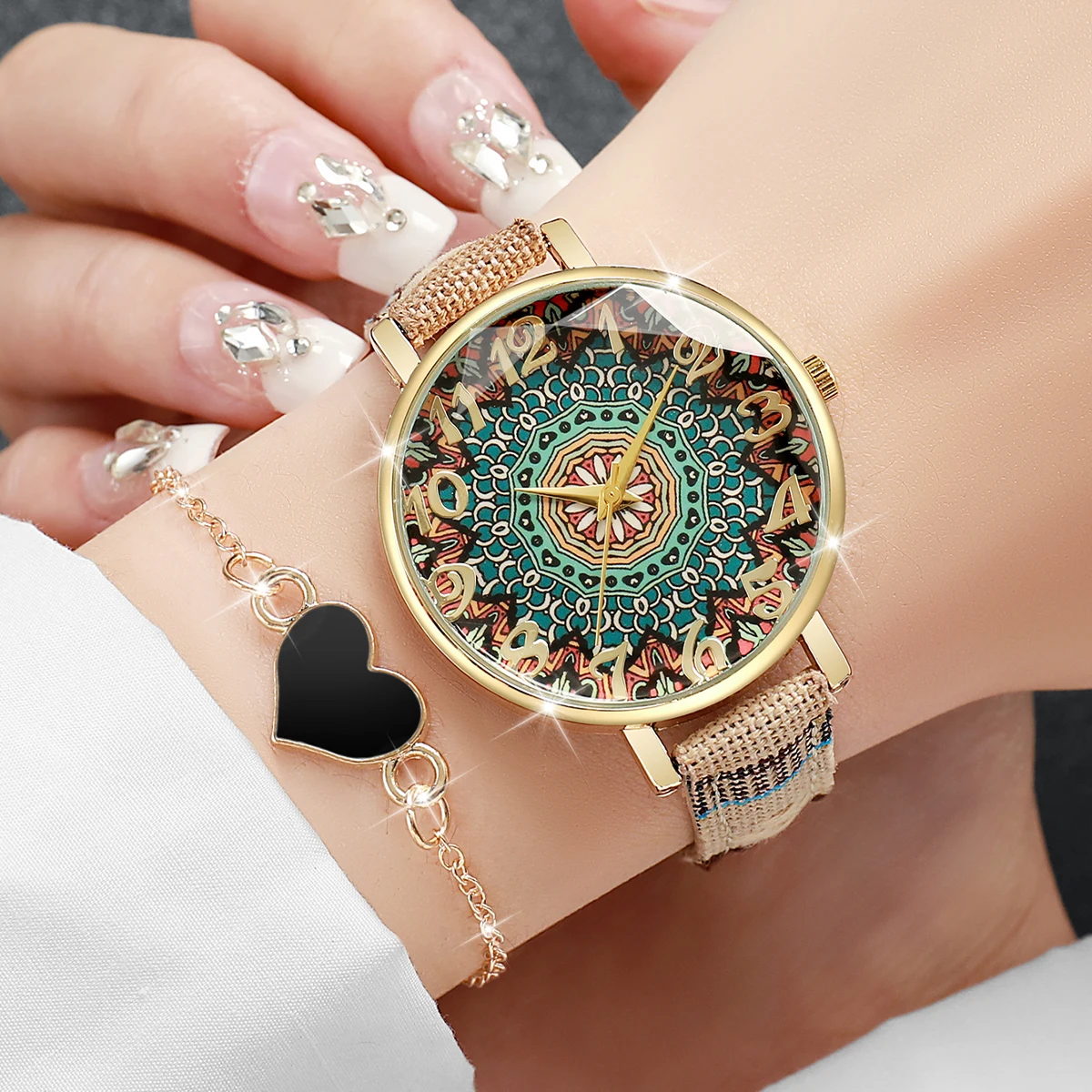 

2 шт./компл., женские кварцевые часы с арабским циферблатом в богемном стиле, наручные часы с кожаным ремешком, комплект с браслетом в форме сердца, часы Reloj Mujer (без коробки)