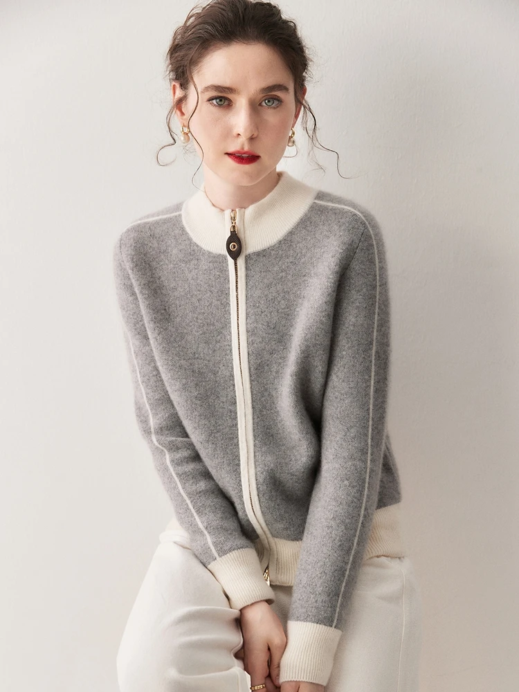 

New Chic Women Zipper Cardigan 100% Cashmere Sweater Mock-neck Color-block Autumn Winter Soft Warm Clothing Korean Popular Tops