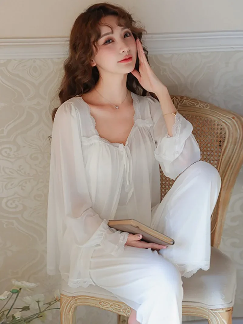 French Women Pajamas with Chest Pads Summer Sexy Ladies Three Piece Set Mesh Modal Fairy Vintage Princess Homewear Sleepwear