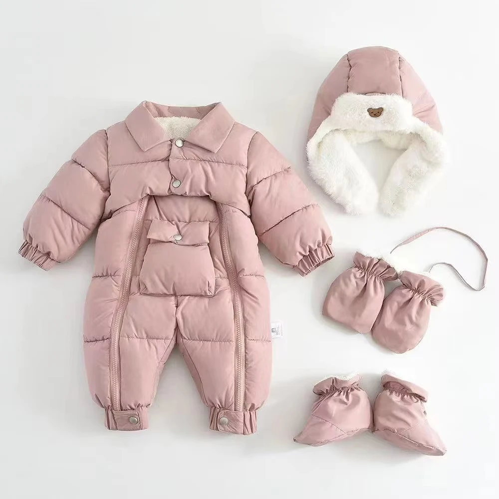 

Winter Newborn Baby Snowsuit 2025 New Warm Infant Oneies Suit Include Hat, Gloves, Foot Cover Thicken Children Set 0-18 Months