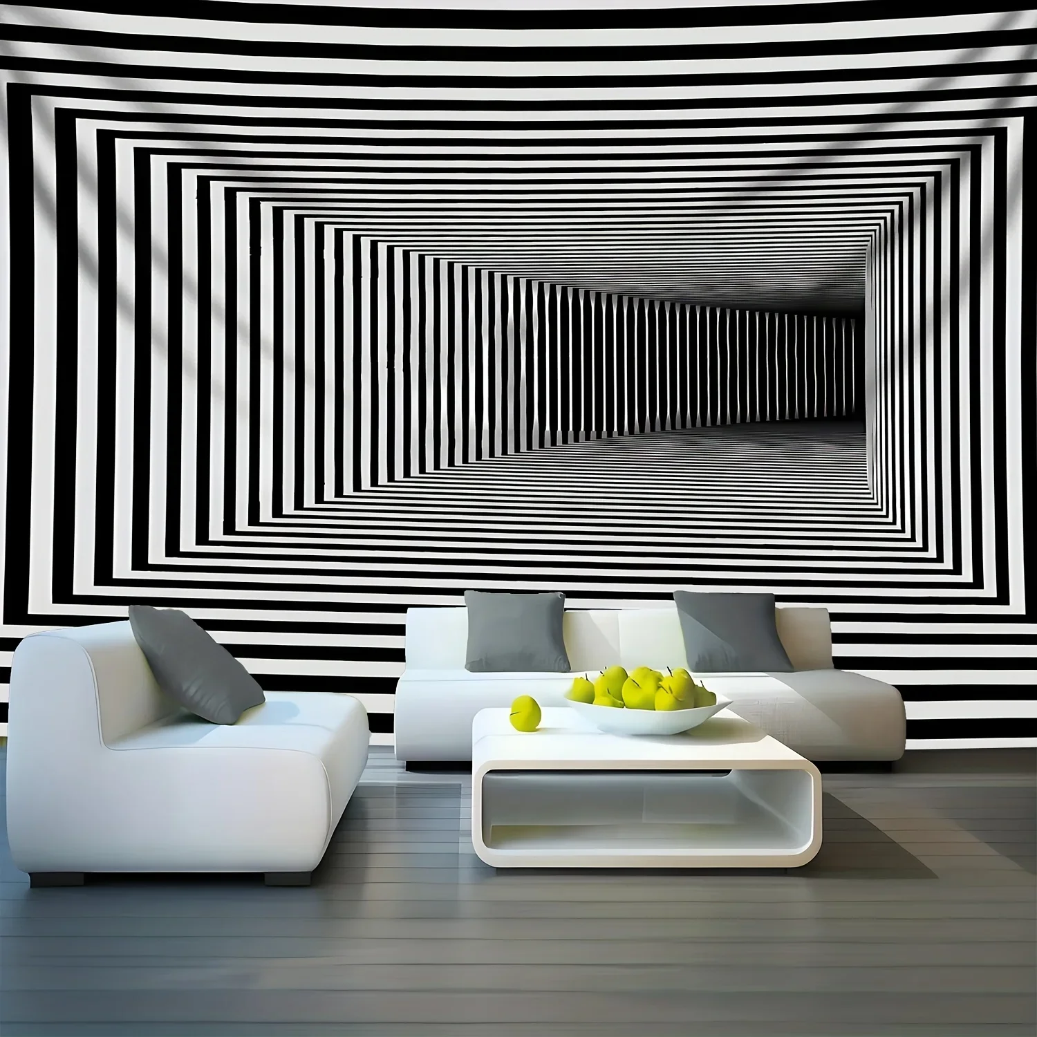 Intriguing Black and White Geometric Illusion Wall Tapestry for Modern Living Room Decor, Featuring a Deeply Layered Tunnel