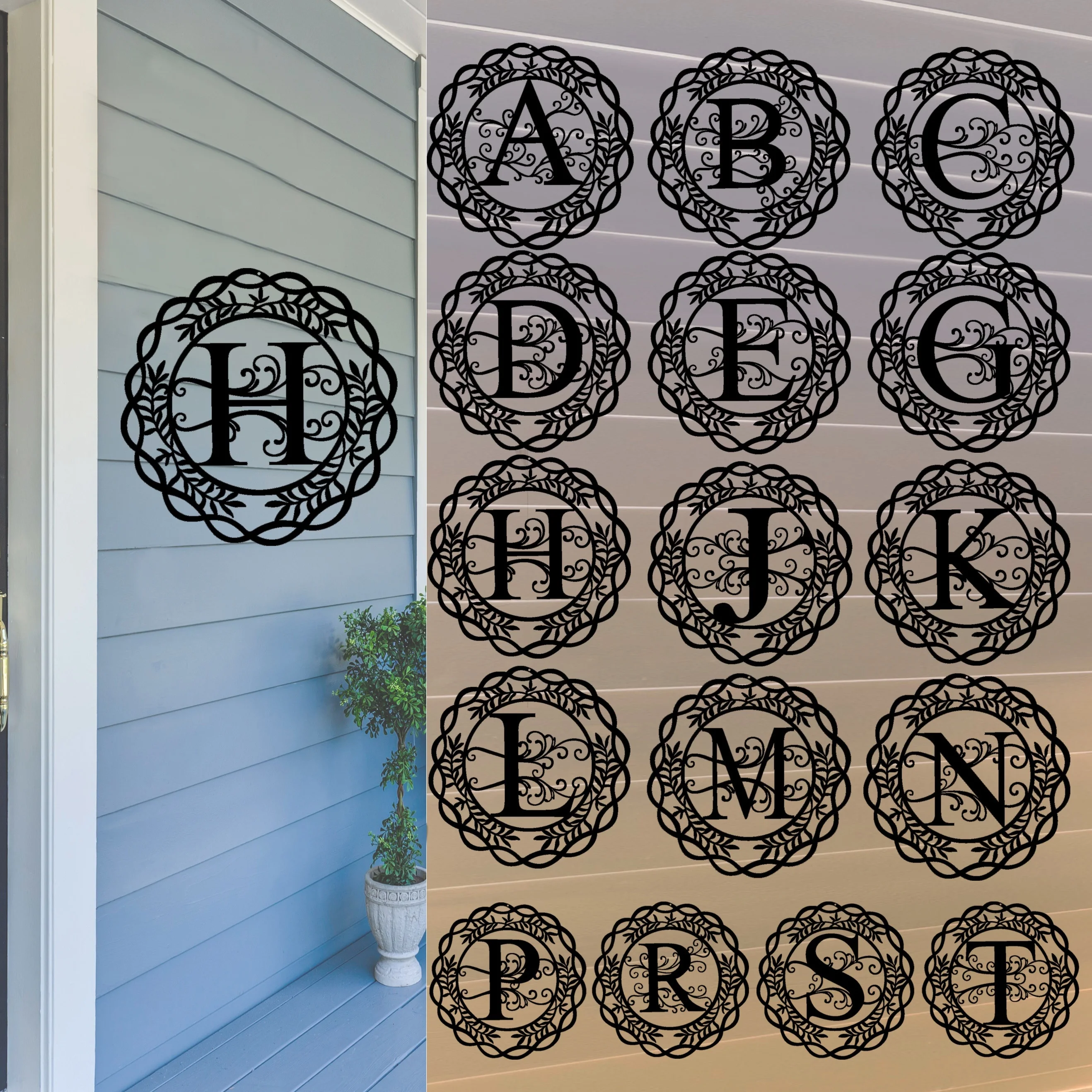 1pc Initial Sign, Metal Monogram Sign, Farmhouse Front Porch Sign Wall Art Decor, Indoor Outdoor Monogram Gift Rustic Wreath