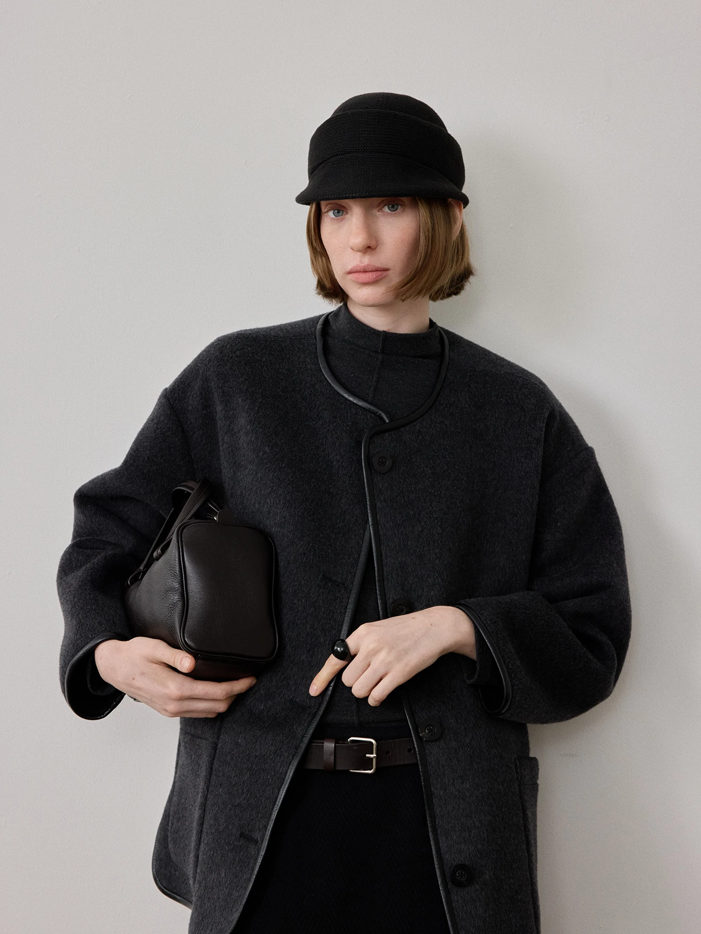 

Something 70 Woolen Deep een Double-sided Tweed Soft mat Silhouette Coat Outerwear Ele Long Sve round Ne