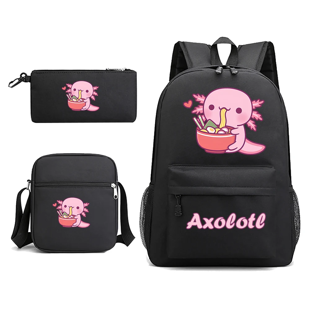 Cute Axolotl Loves Eating Noodles  Backpack Set Student School Bag Shoulder Bag Pencil Case 3-Piece Set