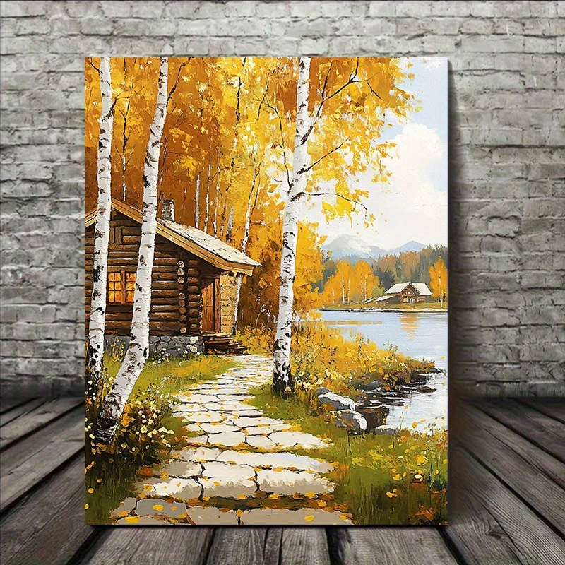 (No frame)2D Flat, Autumn Lake Cabin And Birch Trees Canvas Art - Wooden Framed, Ready to Hang Fall Landscape Wall Decor for