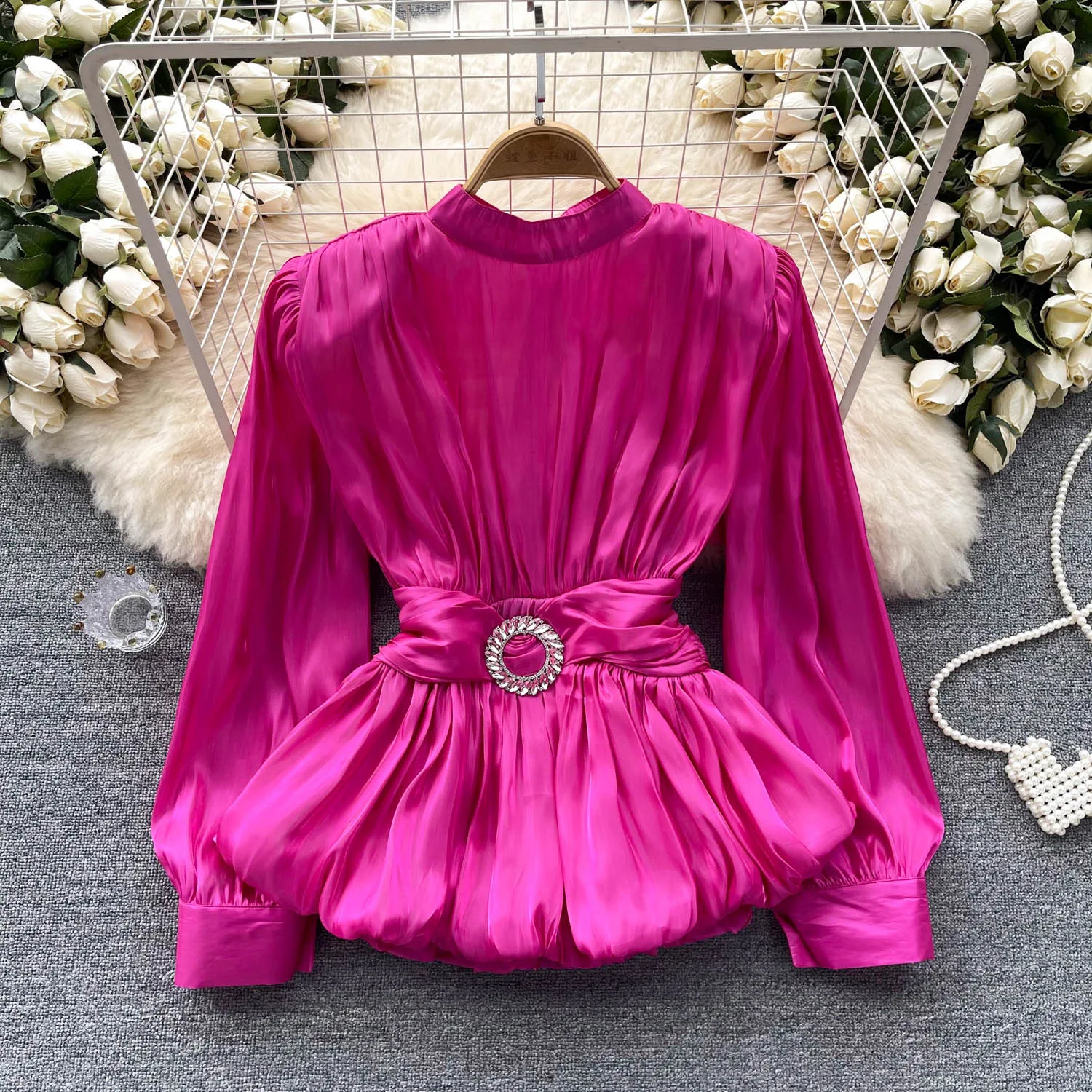 Women Chic Bandages o-neck pleated ruffle Long Sleeve Solid Slim Sexy Korean T-shirt Fashion Summer Women Shirt