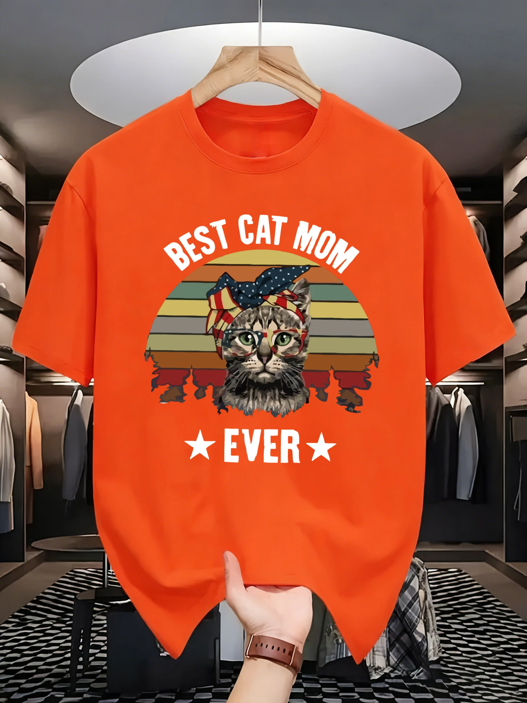 Best Cat Mom Ever Pattern Men Summer All-Match Comfy Tee Shirts O-Neck Fashion Short Sleeve Cotton Loose Unisex T-Shirts