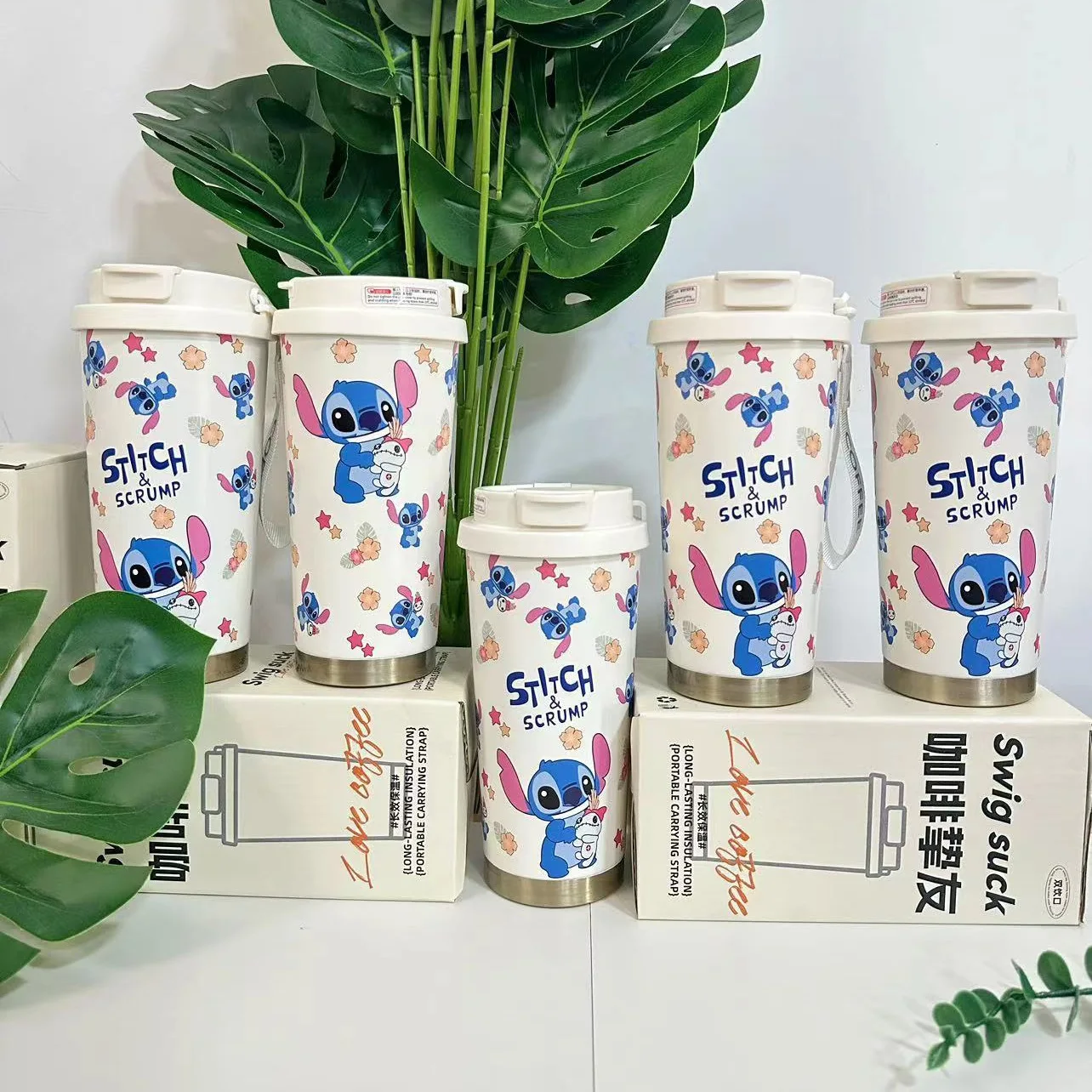 

600Ml Stitch Cartoon 316 Stainless Steel Thermos Cup Large Capacity Straw Cup Children's Water Cup Car Coffee Cup Student Gift