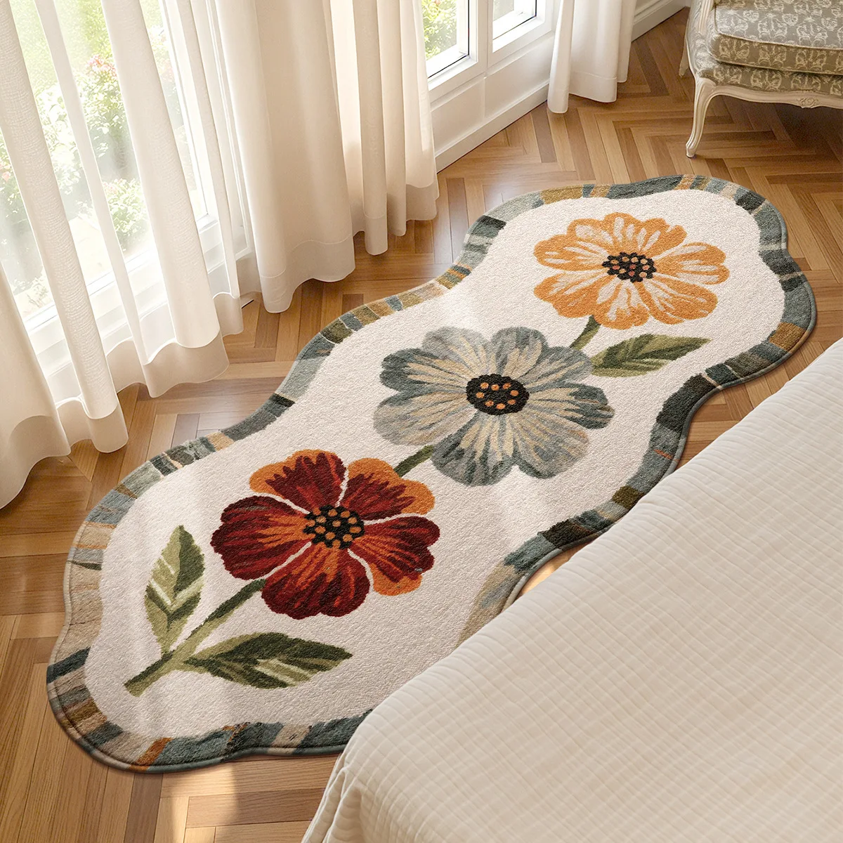 Floral Faux Sheepskin Rug 50x110cm 70x160cm Non Slip Bedroom Decor Plant Flower Accent Carpet Window Nook Machine Washable