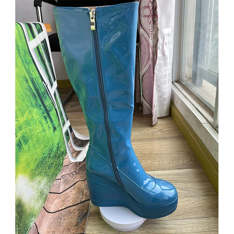 Black White Fashion Show Slope Heel Knee High Boots Women\'s Party Thick Heel Side Zipper Patent Leather Elastic Boots Rozmiar 34-43