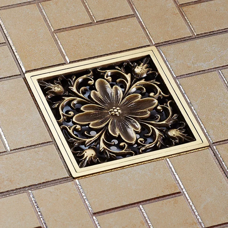 Euro Floor Drains 10cm Antique Brass Shower Floor Drain Bathroom Deodorant Euro Square Floor Drain Strainer Cover Grate Waste