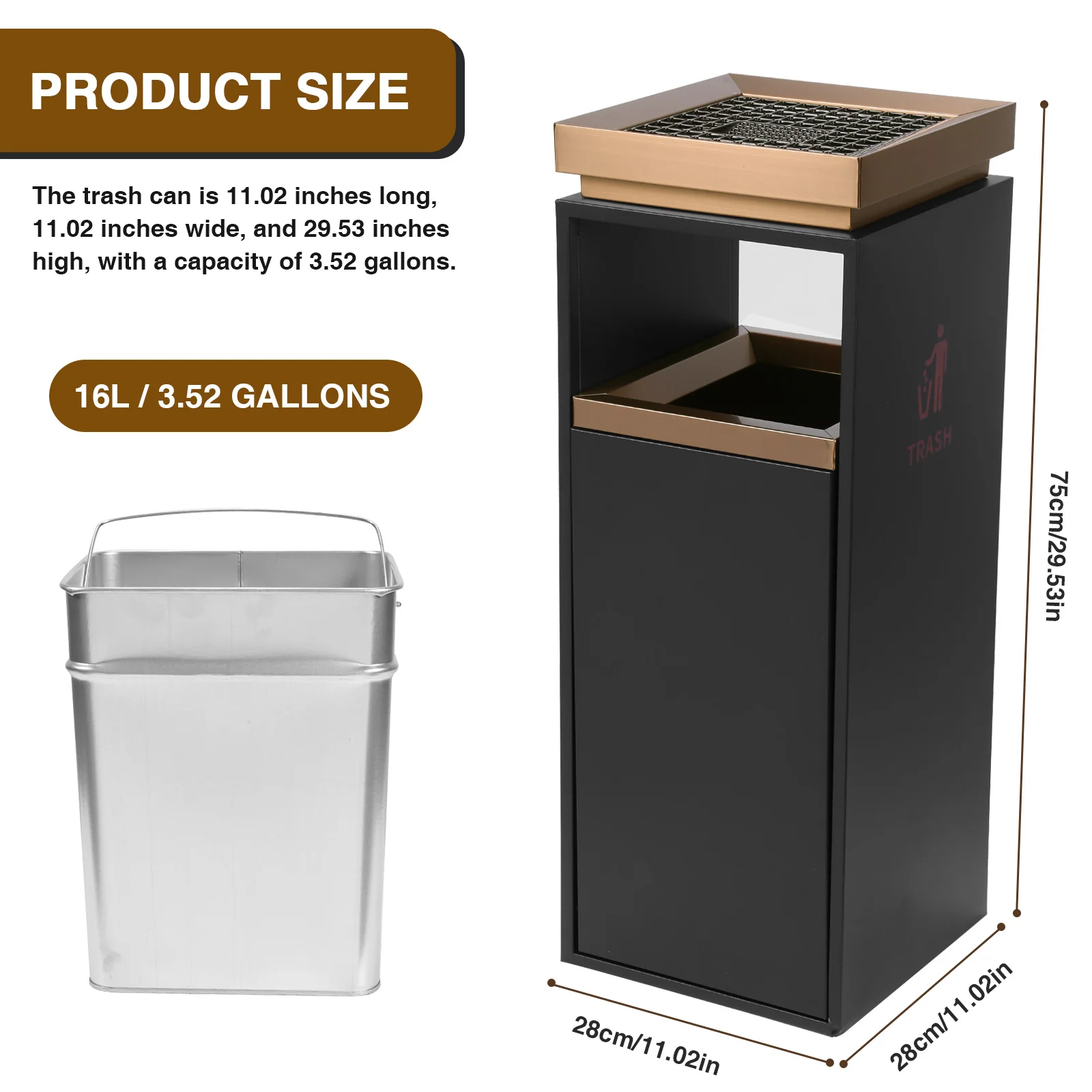 

Мусорное ведро из нержавеющей стали с пепельницей/крышкой и съемным внутренним контейнером, 29.53x11.02x11.02 дюйма, для парков, садов и общественных мест