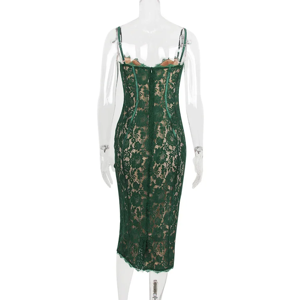 Sommer Langes Elegantes Kleid Für Formelle Anlässe Grün Spaghettiträger Sexy Spitzenkleid Vintage Geburtstagsparty Kleider 2025