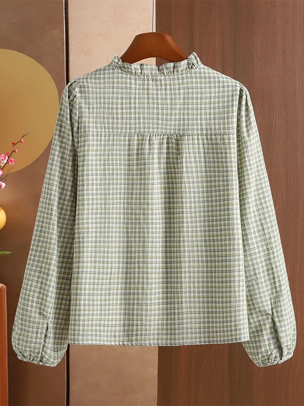 Elegant Plaid round Neck Shirt Women's Autumn Winter New Style Delicate Inner Lined Stand Collar Button up Casual Shirt