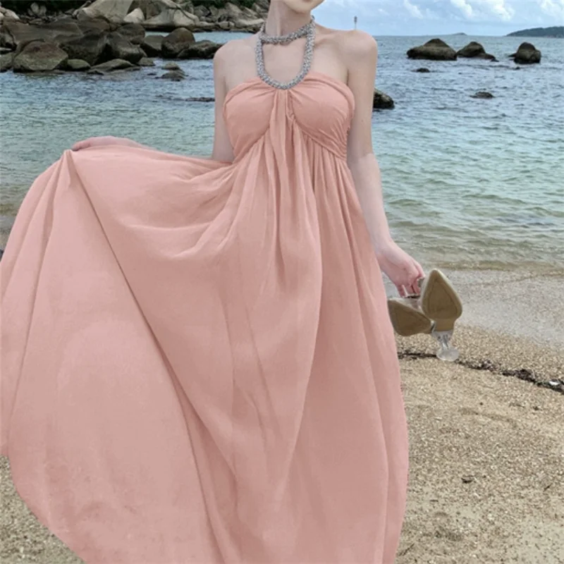 Summer Women Fashion Light Blue Pink Holiday Fairy Long Dress Beads Halter Sexy Backless Maxi Loose Vacation Seaside Beach Dress