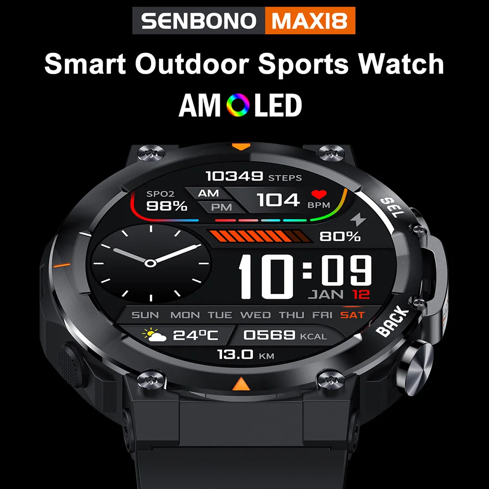 SENBONO MAX18 AMOLED Men's Smart Watch Bluetooth Call 410mAh Big Battery Fitness Tracker Sport Smartwatch for Men Android IOS