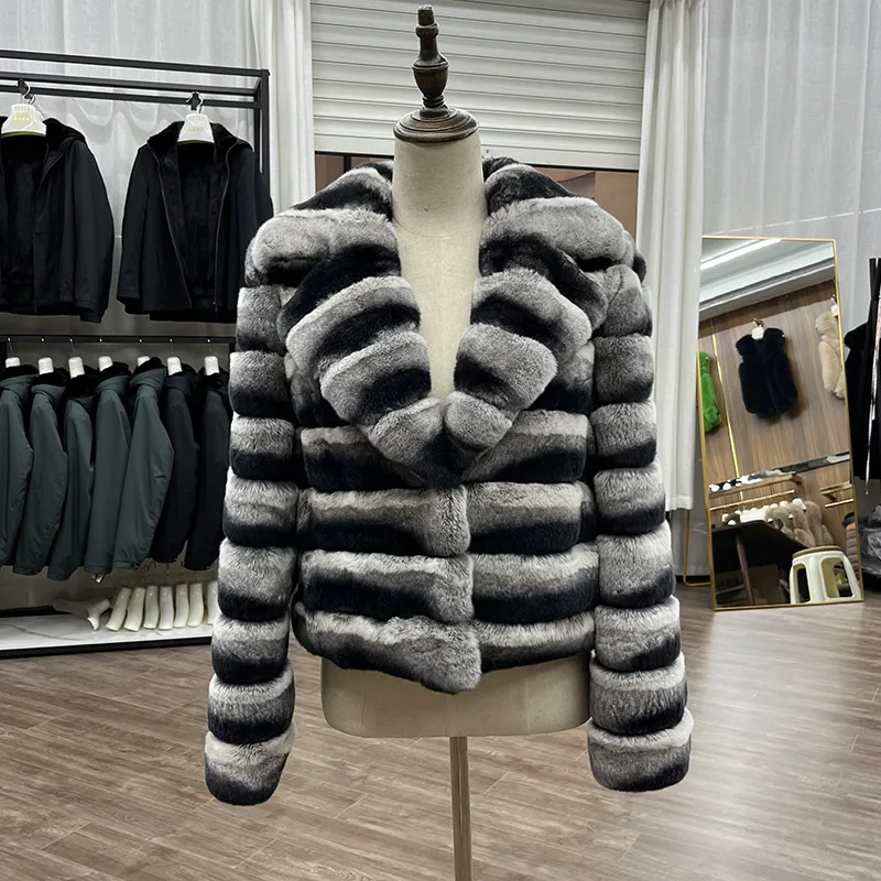 Women's Chinchilla Rex Rabbit Real Fur Coats Leather & Fur Jacket For Women Turndown Collar 2024 Winter Chic Female Outerwear