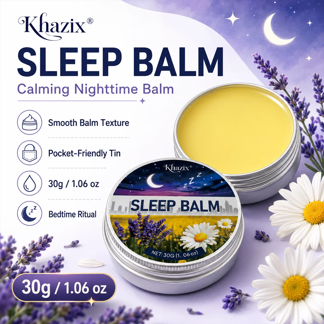 30g Sleep Balm Lavender Chamomile Nighttime Balm Calming Aroma Smooth Skin Friendly Pocket Size for Bedtime Routine Travel
