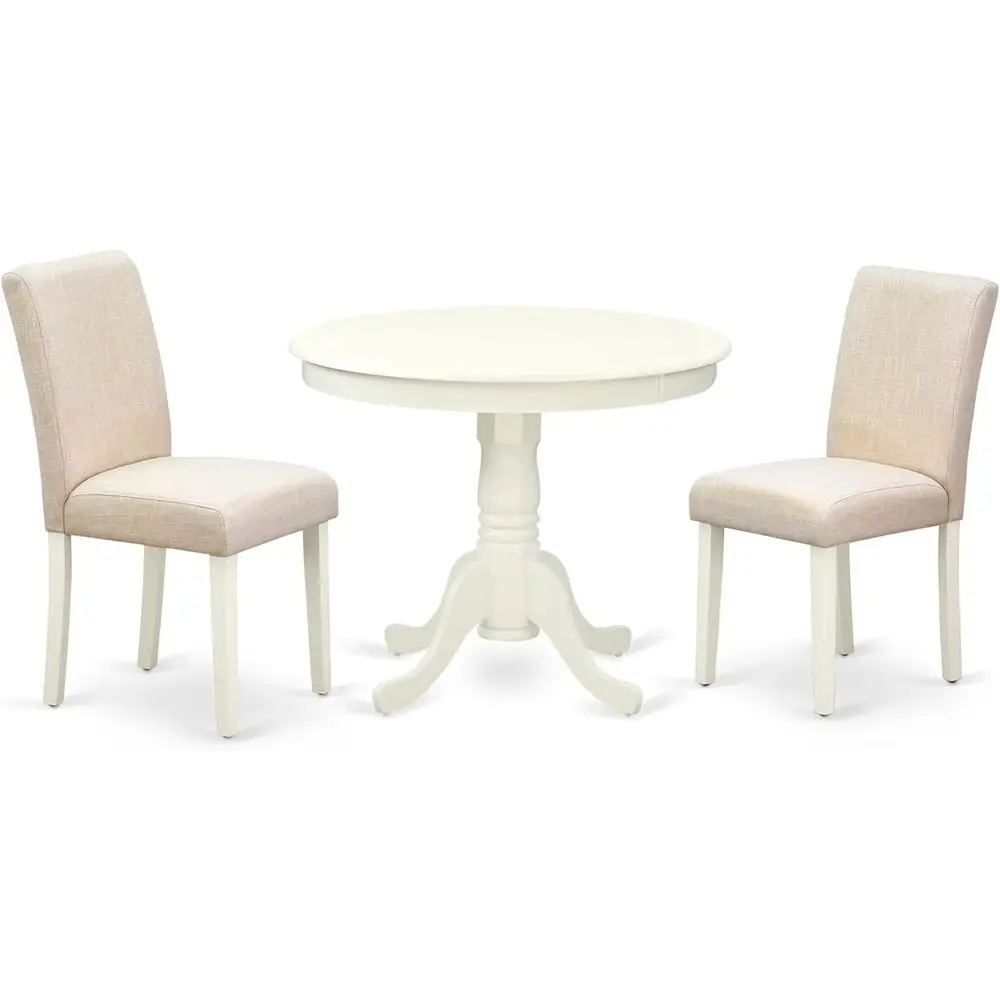 

Комплект обеденной мебели для небольших помещений из 3 предметов: круглый стол на центральной опоре и 2 стула Parson с льняной обивкой, 36x36 дюймов, белый лен.