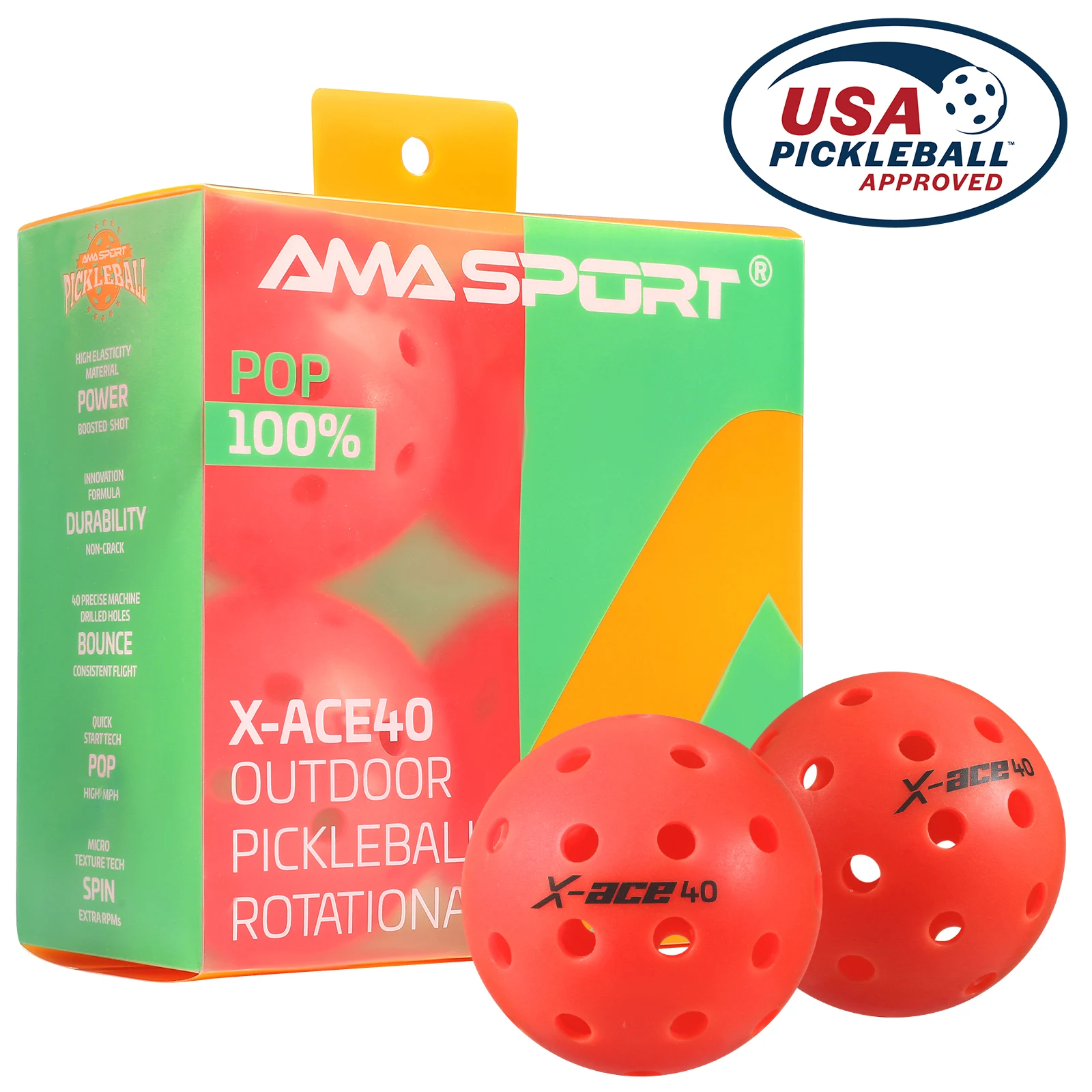 

Мячи для пиклбола AMASPORT X-ACE40, одобренные USAPA, с 40 прецизионными отверстиями, цельнолитая конструкция, для занятий спортом