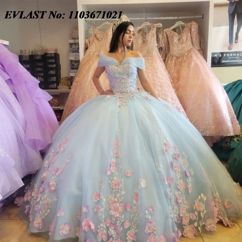 EVLAST-Glitter Ball Gown com Applique Floral e Beading, Rosa e Azul, Espartilho Diamante, Sweet 16, XV 15, 15 Anos, SQ48