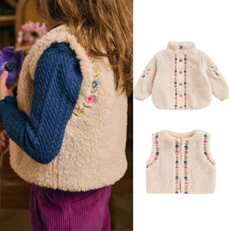 

Children's New LM Autumn and Winter Girls' Lambhair Vest, Western Style Heavy Industry Embroidered Thick Cotton Coat Jacket