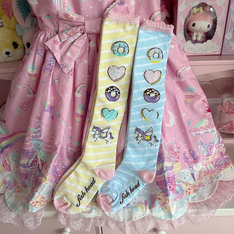 Original Dream Donut Sweet Cute Over-the-Knee Socks Lolita Bu Sweet Side Wearing Cotton Socks Cartoon Printed Sockings Women