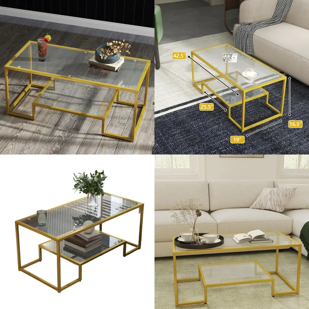 

Gold 2-Tier Rectangular Glass Coffee Table for Small Spaces: Ideal for Living Rooms and Offices