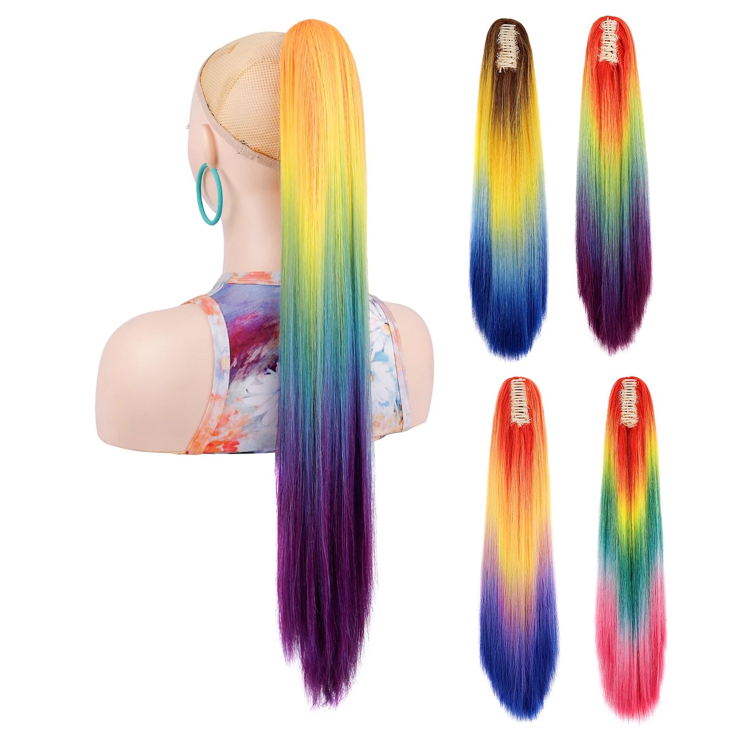 Zolin rabo de cavalo arco-íris ombre cor gradiente longo reto rabo de cavalo extensão do cabelo com garra estilo instantâneo peruca para mulher