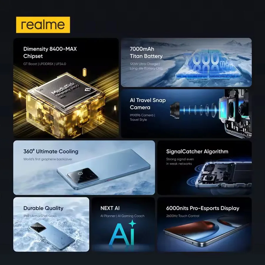 إصدار RU realme GT 7T 5G هاتف ذكي أبعاد 8400-ماكس معالج 7000mAh بطارية 120W شحن 6.8 "شاشة AMOLED 120Hz
