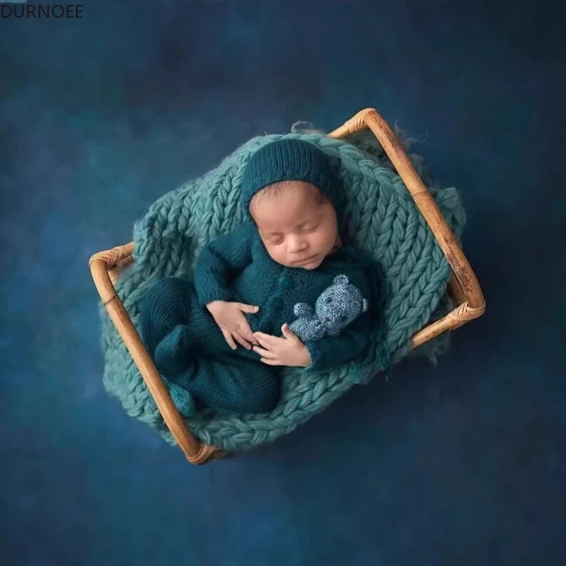 Alat peraga fotografi bayi, pakaian rajut topi Jumpsuit wol, properti fotografi bayi