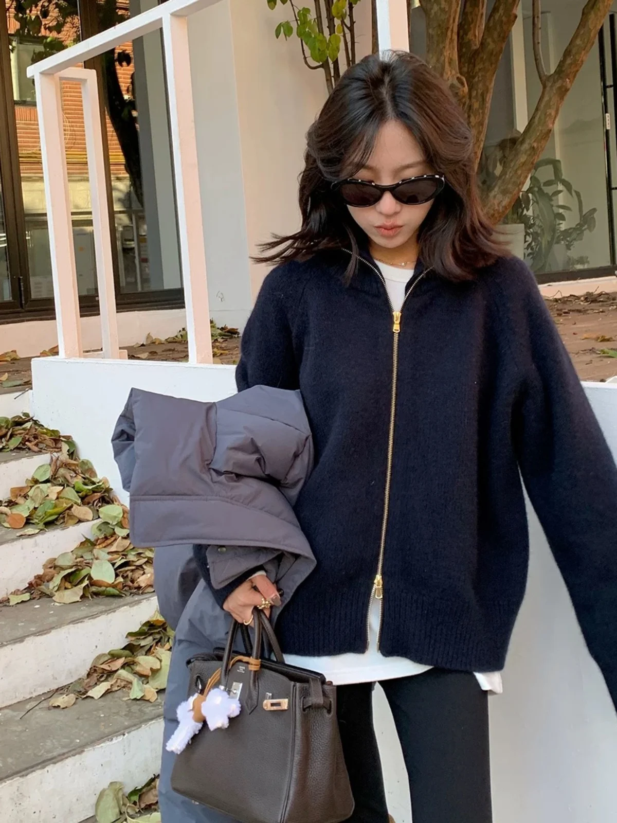 Outono e inverno novo suéter de caxemira com zíper feminino cardigan lapela suéter casaco vento preguiçoso solto.