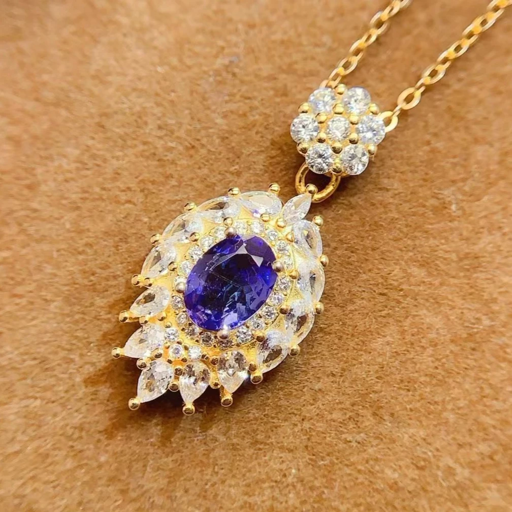 Dazzling Natural Tanzanite Pendant with Certificate 5x7mm 0.7ct Genuine Tanzanite 925 Silver Necklace Pendant with Gold Plating