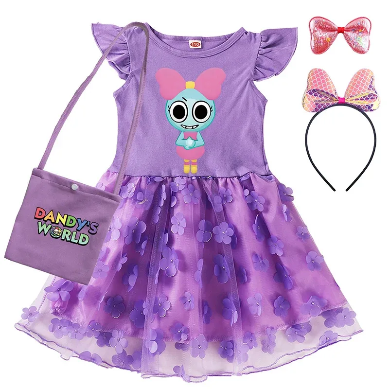 Dd54Anime Dandy's Dress 키즈 캐주얼 포켓 의상 아기 소녀 Dandys World Ears 드레스 (가방 머리띠 포함) 유아 소년 Clo