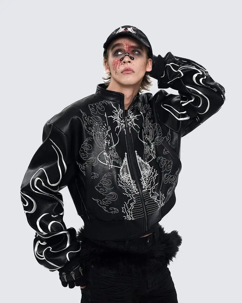 

Gothic Embroidery Cropped Men's Leather Jacket, Punk Style Stand Collar Mans Racer Jackets, Streetwear Womans Motocycle Coats