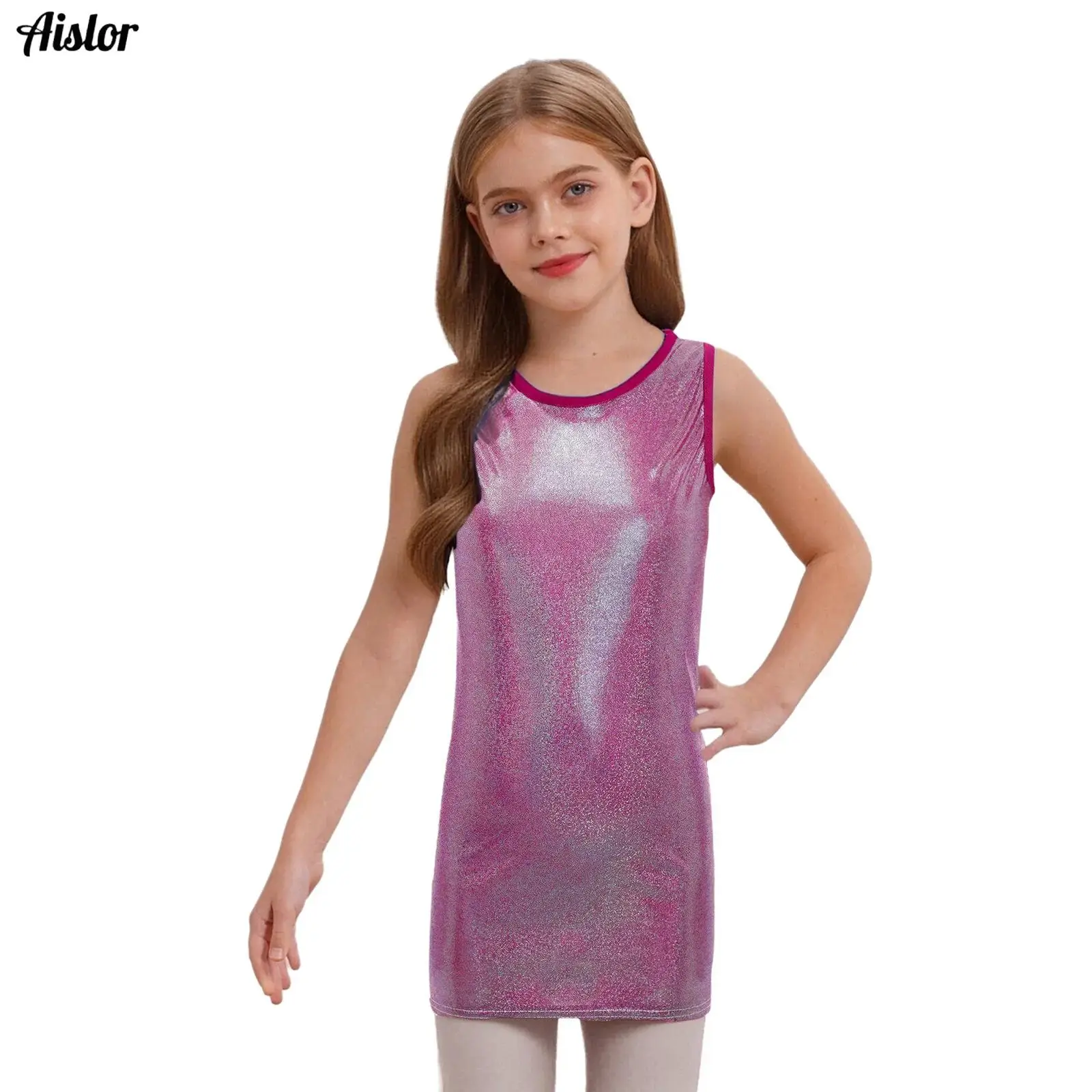 

Kids Girls Metallic Mini Dots Jazz Dance Dress Sleeveless Round Neck Tank Dresses Cheerleading Uniform Dress Performance Costume