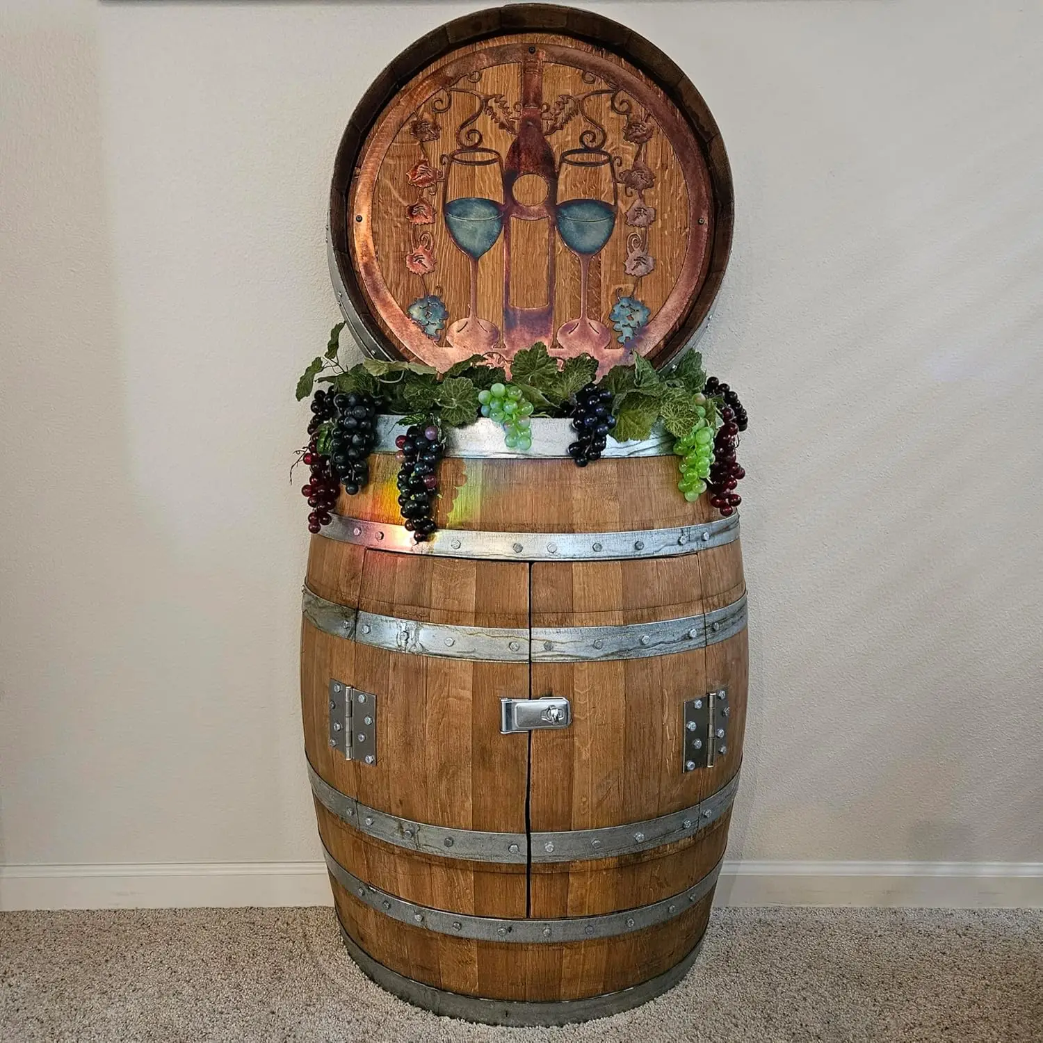 "Wine Barrel Storage Cabinet - Reclaimed Oak Half Barrel with Door, Rustic Farmhouse Decor & Storage"