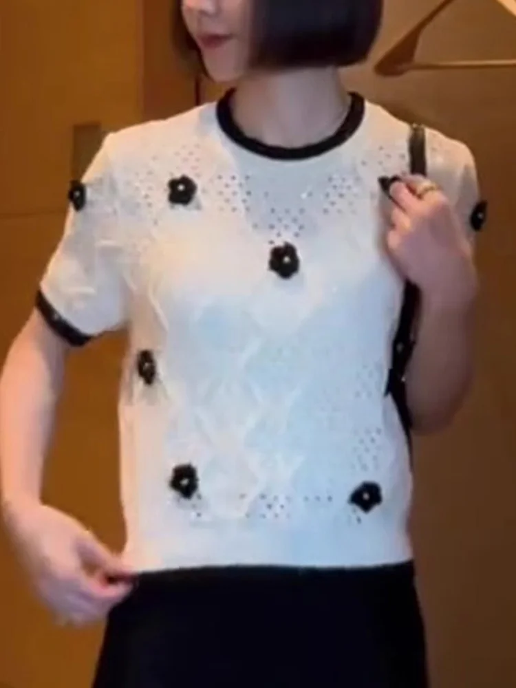 

Faionable Ice Silk Knitted Top with 3D Flower Design ort Sve Commute Versatile Women's Summer Clothing Korean Sle Lo...