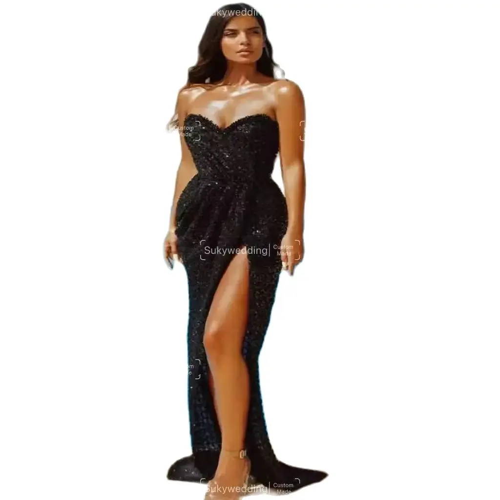 Glitter Black Prom Dresses With Slit Sequin Evening Gowns Shinny Sweetheart Long Holiday Special Occasion Party Vestidos De Gala