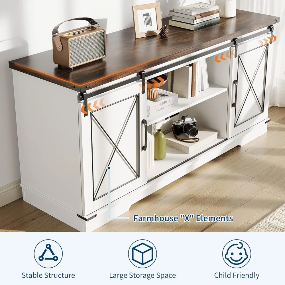 Centro de entretenimento de suporte de TV estilo fazenda para 65 TVs com porta deslizante de celeiro, console de armazenamento de mídia
