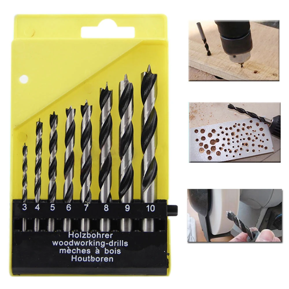 

8Pc 3 10mm Three Pointed Woodworking Drill DC Branch Drill Bit Twist Drill Tool Set With Plastic Box For Electric Drilling Work