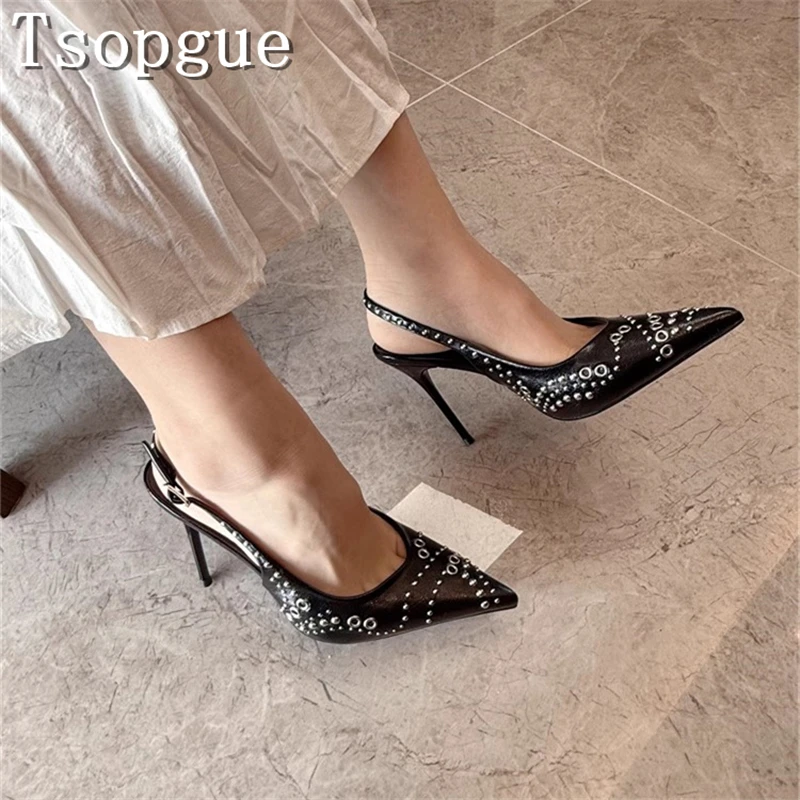

Summer New Fashion Women High Heel Sandals Black Pointed Toe Rivets Decor Slingback Pumps Party Dress Stiletto Shoes