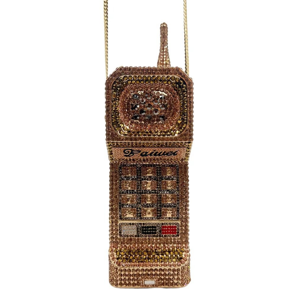 Retro Brick Phone Design Rhinestone Clutch, Bling Diamond-Encrusted Evening Bag, Unique Women's Party & Banquet Handbag