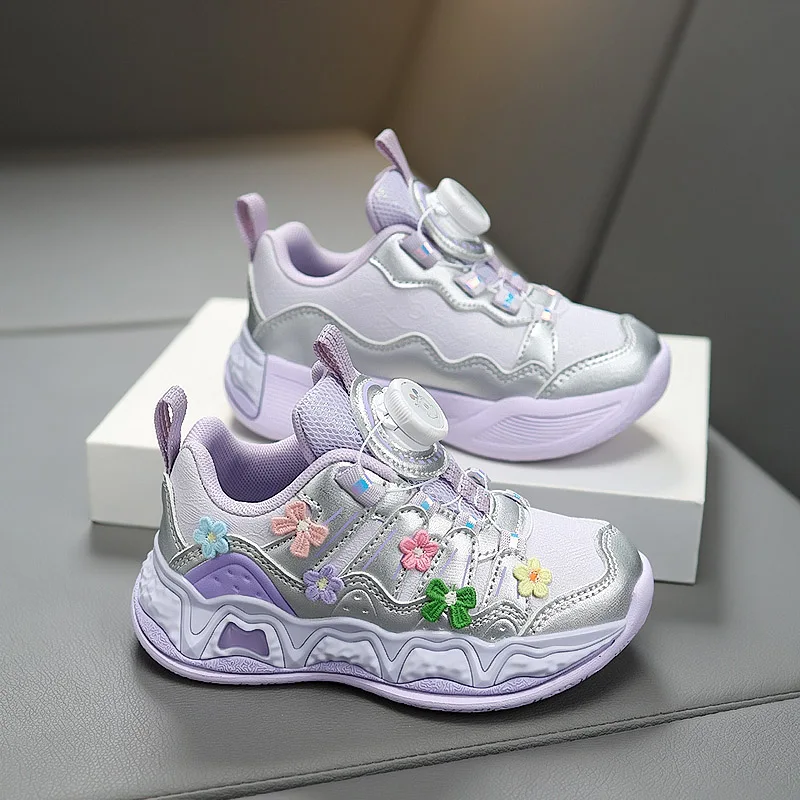 A pair of children's rotary‑buckle sneakers, cute flower decor, thick cushioned outsole for daily casual wear MF‑9042BKT
