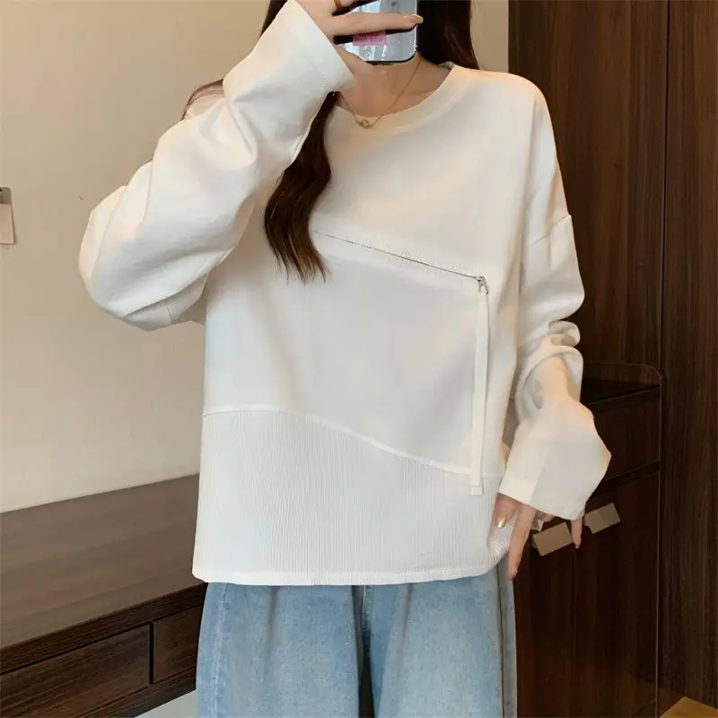 Casual Patchwork Asymmetrical Pullovers Female Clothing Commute Round Neck 2024 Spring Autumn Stylish Zipper Solid Color T-shirt