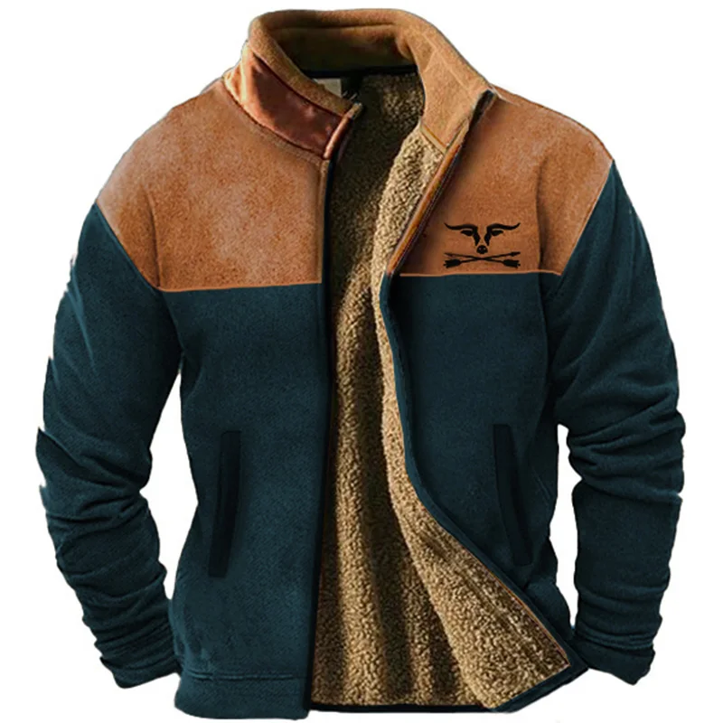 Blue brown stand up collar fleece winter design graphic men\'s daily casual comfortable zipper holiday warm coat with fleece jack