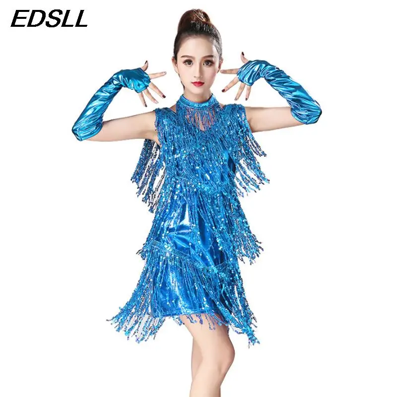 

Adults Sexy Sleeveless Sequin Tassel Latin Dance Performance Set Ladies Professional Stage Performance Competition Dress