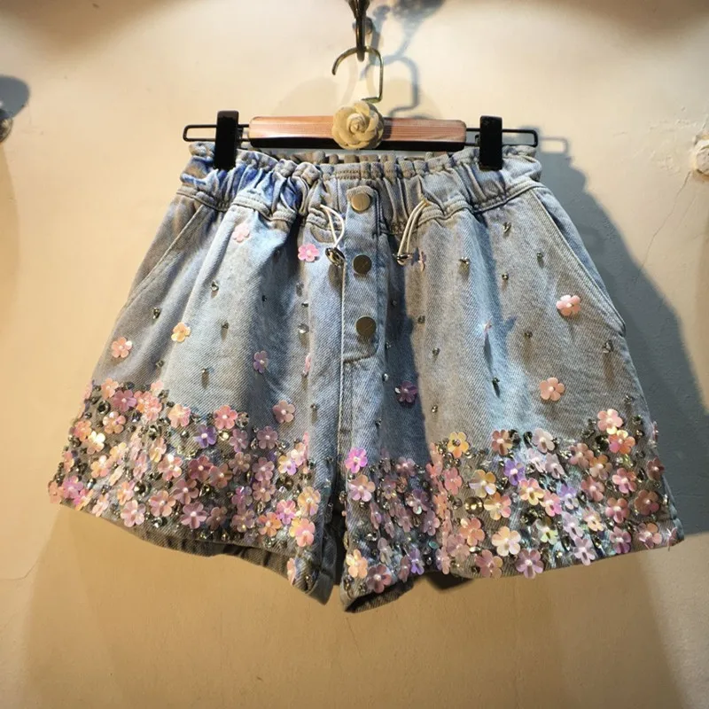 

Heavy Beaded Sequined Pink Flower Denim Shorts Women Summer High Waist Loose Wide Leg Short Jeans q264