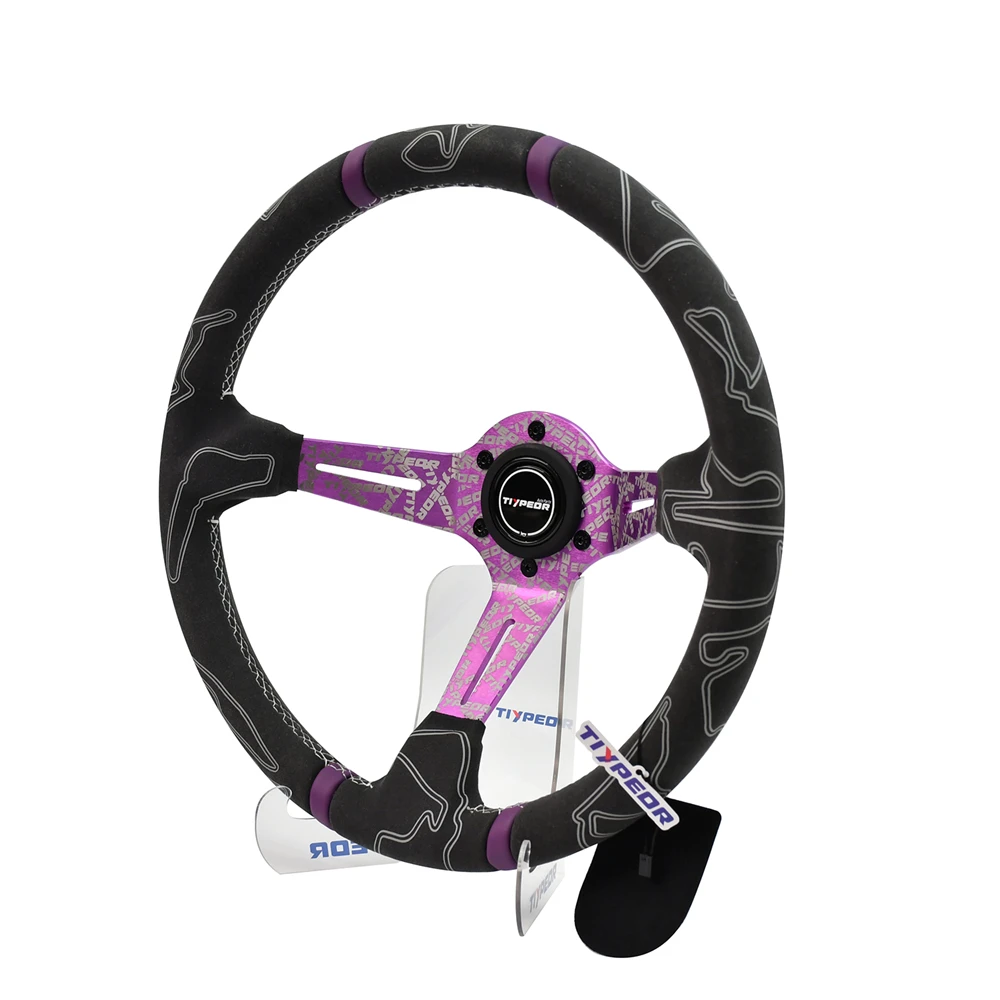 

TIYPEOR JDM 350mm Racing Steering wheels 6 Holes Purple Logo Spoke Drifting Sport Steering Wheel With Line embroidery